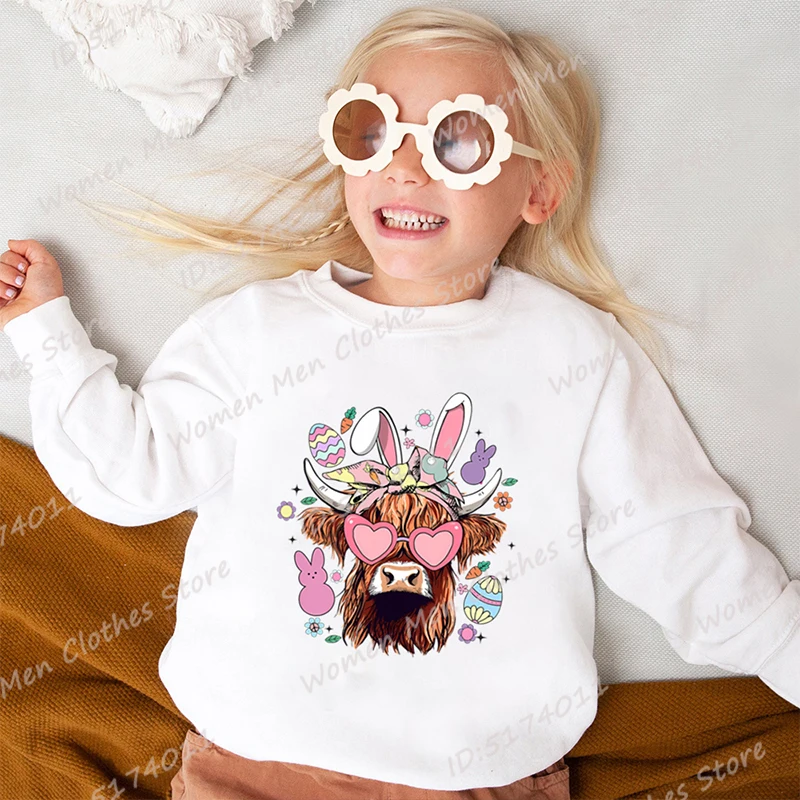 

New Fashion Kids Long Sleeve Hoodless Pullovers Easter Day Cow Bunny Print Round Neck Outdoor Sweatshirt Children Girls Pullover