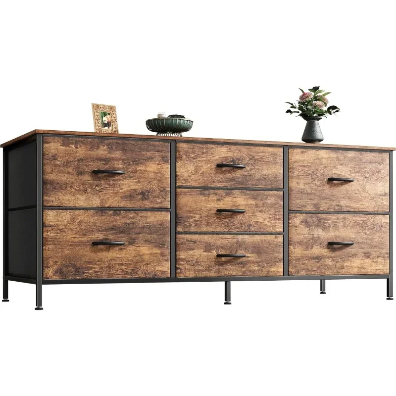 

47 Inch Dresser TV Stand for 43, with 7 Drawers, 50, 55 Inch TV, Wide Fabric Dresser Chest of Drawers, Metal Frame