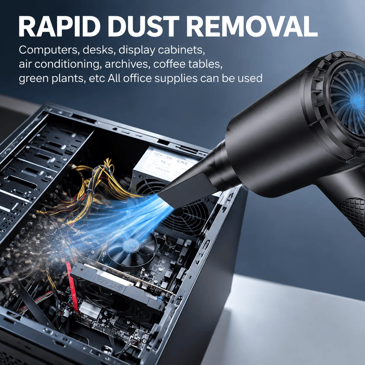 Rechargeable Electric Air Duster, 33000/38000/51000RPM Speeds, 6000mAh Battery, LED Work Light, USB-C Charging, Five Nozzles, for Computer Keyboards, Car Interiors, Fans and Household Dust Cleaning, Black, ABS and PC, 16 x 11 x 4.5cm