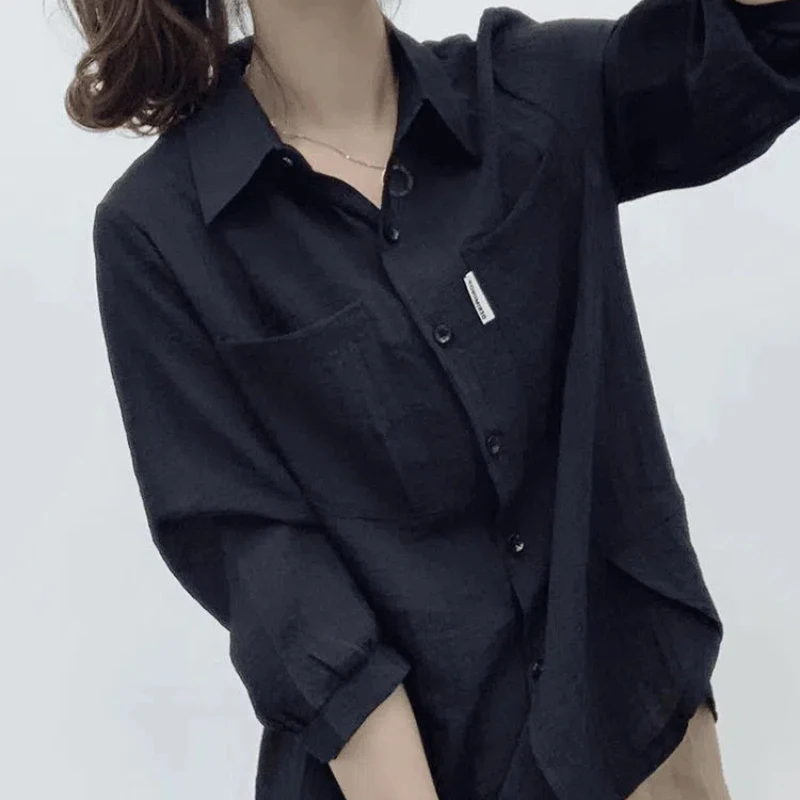 Summer Women's 2024 New Spliced Polo Collar Button Pocket Fashion Solid Color Loose Minimalist Casual Long Sleeve Blouses Shirts