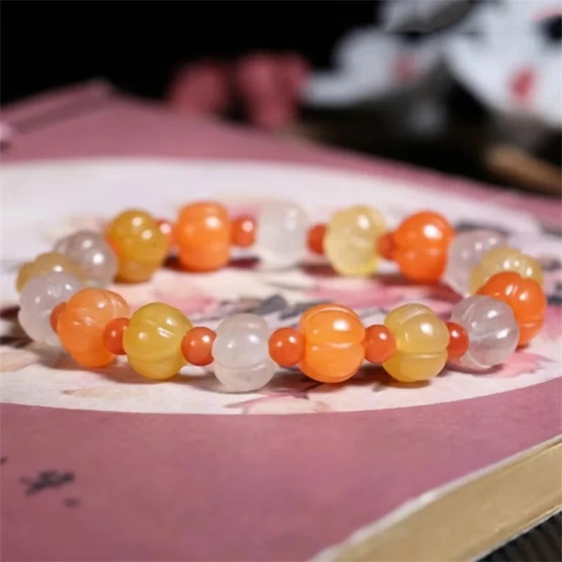 Handmade Mining Area Gold Silk Jade Surface Material Gem Light Pumpkin Halloween jade jewelry Hand String Candy Bracelet