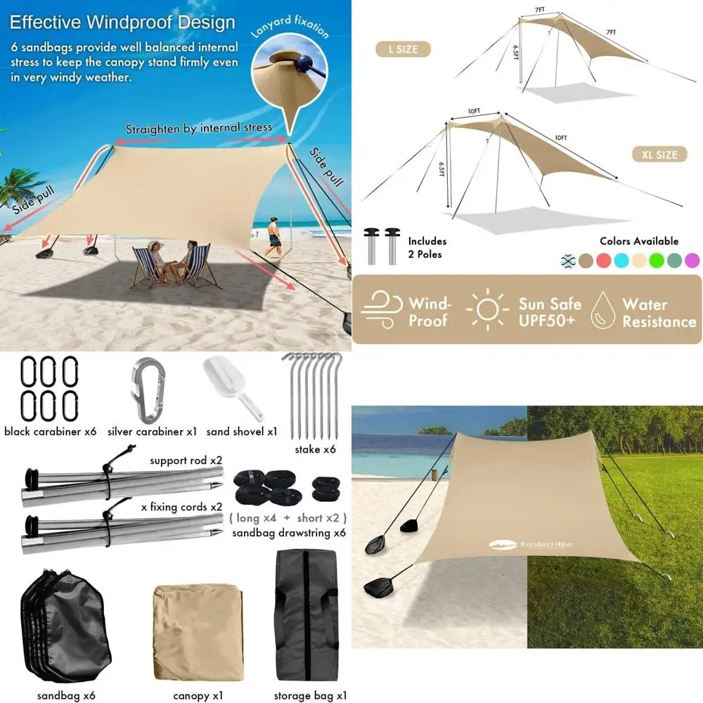 

Beach Canopy Windproof Design, Sun Shelter UPF50+ Portable Family Tent with 6 Sandbags Anchors 10x10 FT 2 Pole Pop Up Outdoor Sh