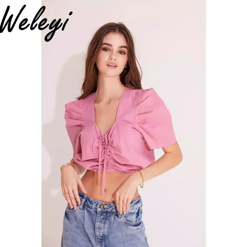 

Sweet Short Shirt Summer Woman American Retro Flower Bud Lantern Sleeve Navel V Neck Bandage Drawstring Blouse Crop Tops Mujer