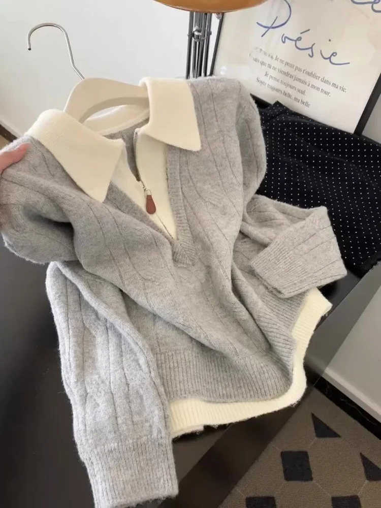 

Korean Sle f-Zip Knitwear Collar Women's Inner Soft Twist Spiral ey Sweater Autumn Winter Commute Warmth