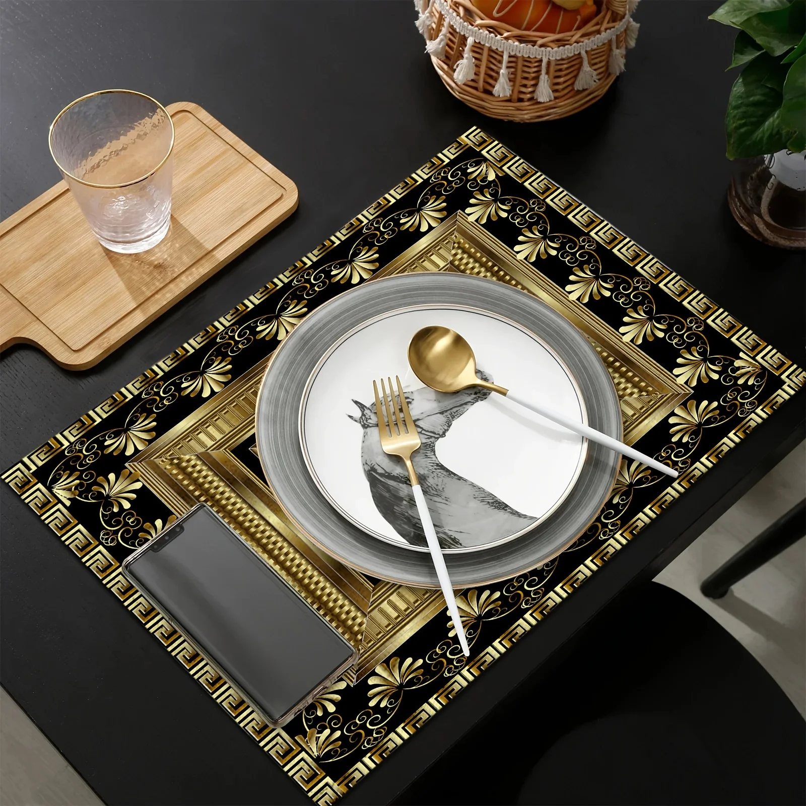 1PC Luxury Black Golden Linen Table Mats Greece Geometric Rectangle Printed Rectangular And Decoration Table Mats