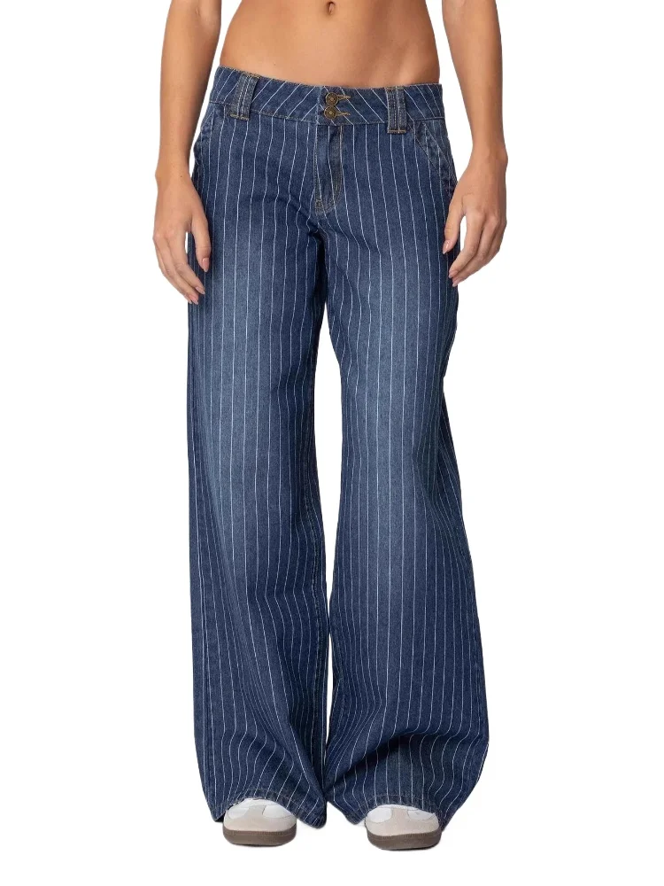 HOUZHOU Vintage Niebieskie Jeansy w Paski Damskie Y2k Hip Hop Sprane Proste Spodnie Denimowe Grunge Amerykańskie Retro Street Szerokie Nogawki