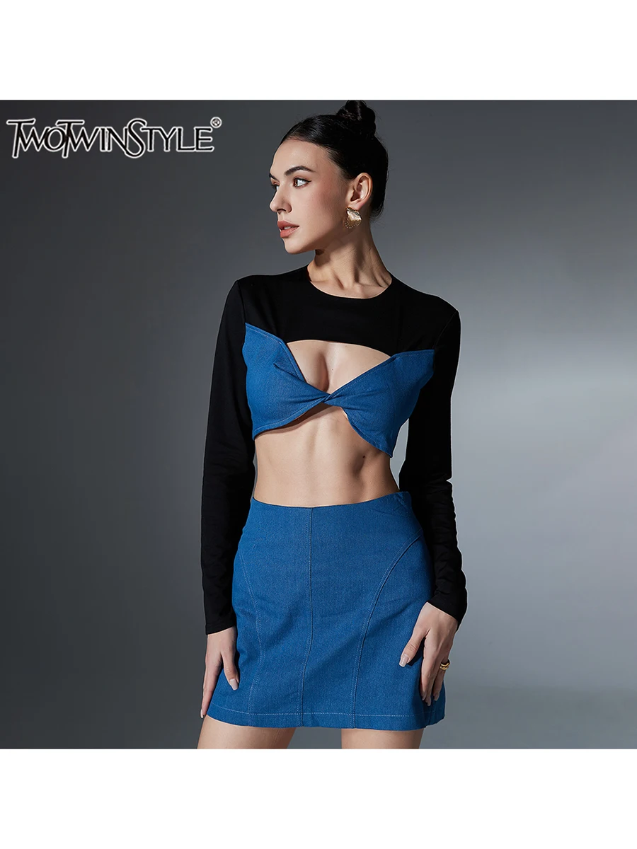 TWOTWINSTYLE Hit Color Two Piece Set For Women O Neck Long Sleeve Hollow Out Tops High Waist Slim Skirt Chic Sets Female Fashion