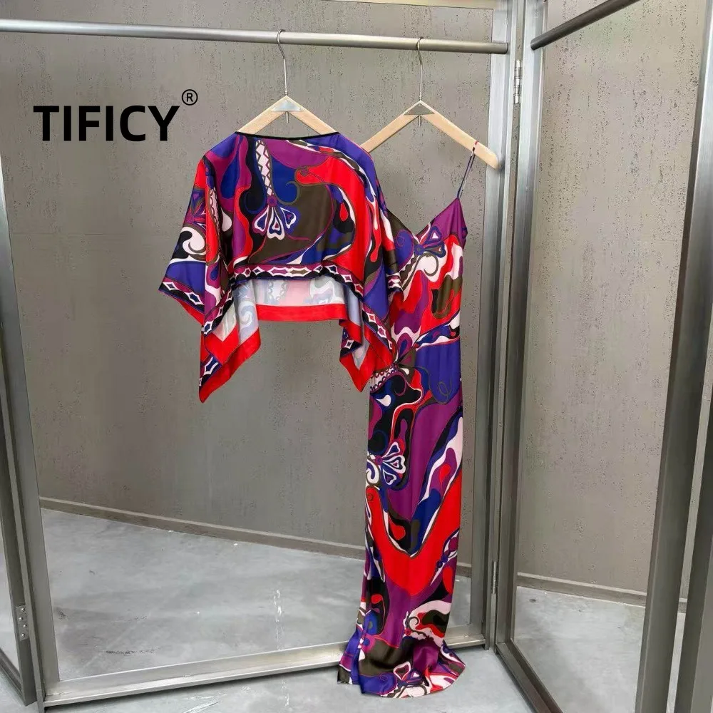 

High Street 2pcs Set Women's Spring and Summer Vintage Abstract Printed Suspender Long Dress Cloak Two-piece Set
