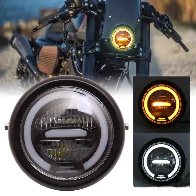 6.8 INCH LED Motorcycle Headlight Assembly With Brackets High Low Beam Halo DRL Running Lamp For Retro Cafe Racer Harley