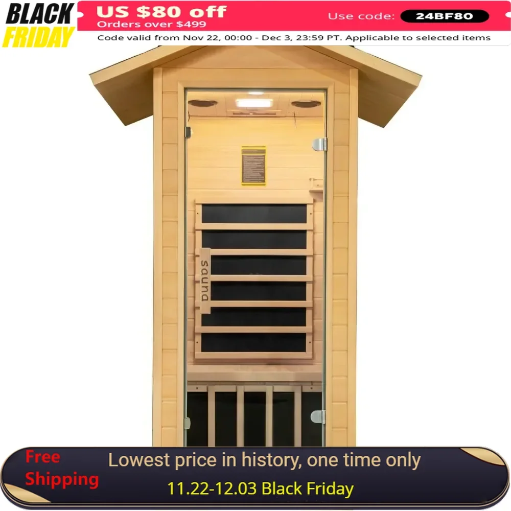 Outdoor Far Infrared Sauna, 1 Person Low EMF Indoor Home Saunas Canadian Hemlock Wood Dry Sauna 1400W/110V