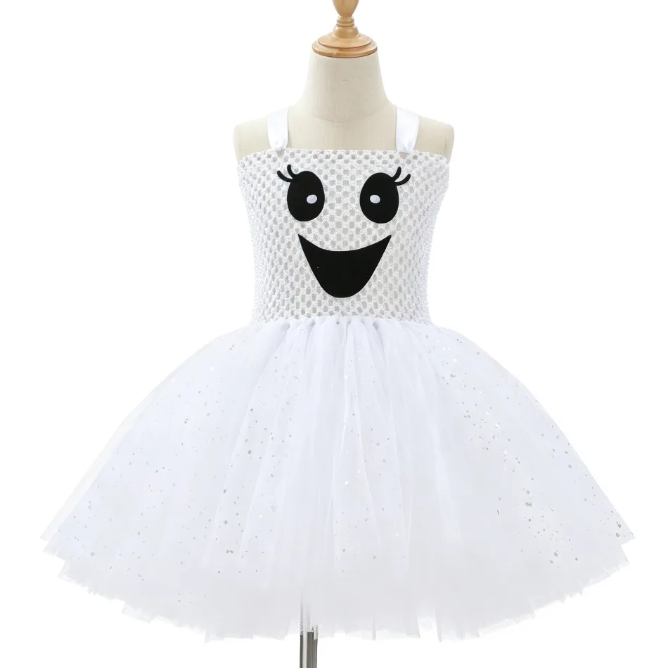 Girls White Ghost Tutu Dress Halloween Cosplay Costume With Broom Pumpkin Candy Bag Accessory Set Kids Party Fancy Dress ZZ12