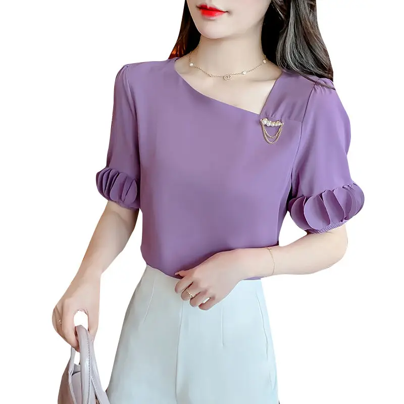 Summer 2023 New Fashion Pullover Chiffon Skew Collar Short Sleeve Women Shirts Korean Patchwork Solid Color Loose Blouse Top Tee