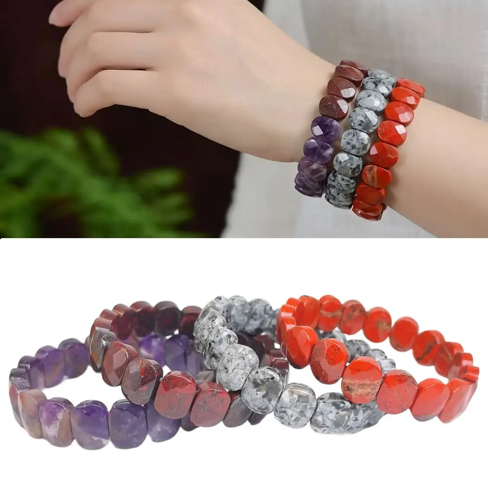 Handmade 10x14mm Faceted Oval Natural Crystal Agate Quartz Blue Sandstone Opalite Healing Energy Yoga Stretch Gemstone Bracelet