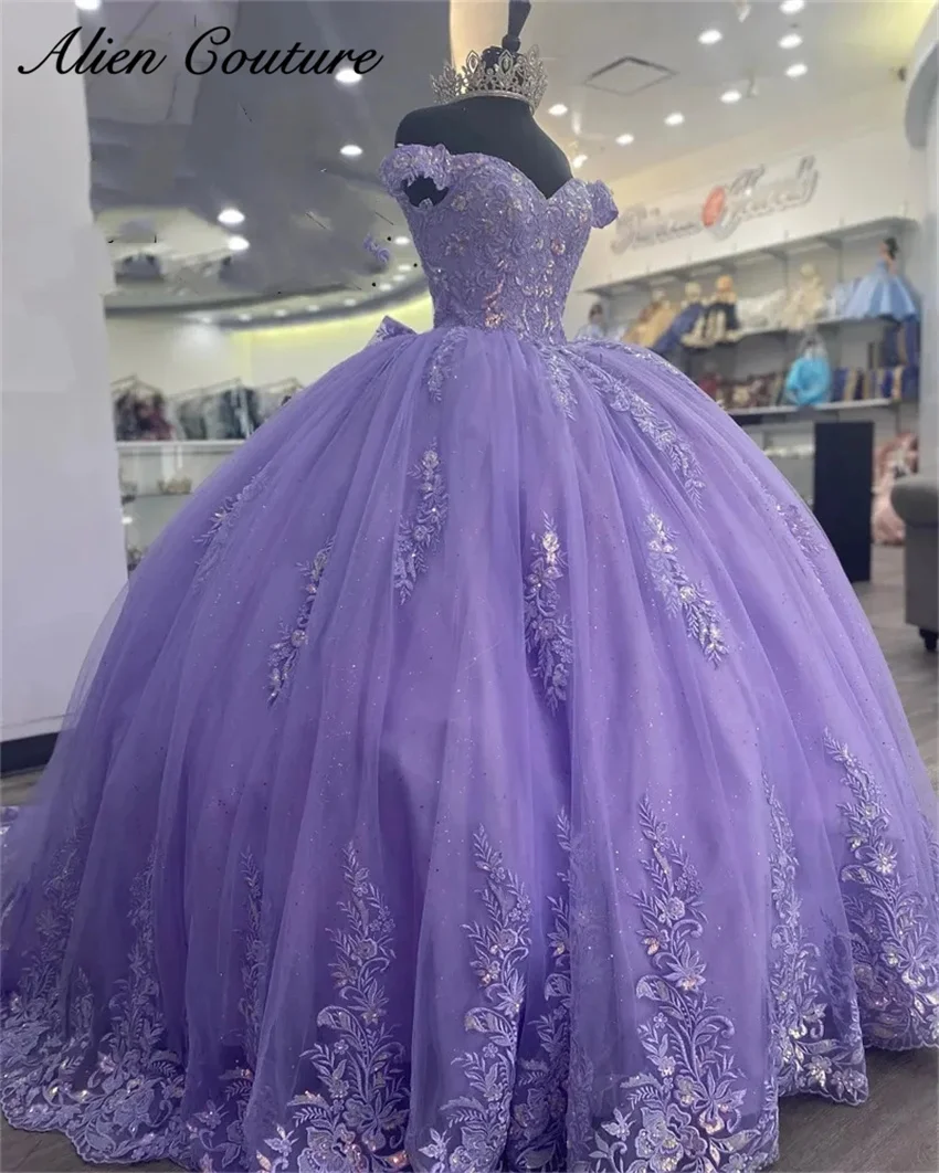 หรูหราสีม่วงTulle Quinceaneraชุด 2024 ชุดบอลโบว์ลูกปัดAppliqueชุดวันเกิดVestidos De 15 Añosที่กําหนดเอง