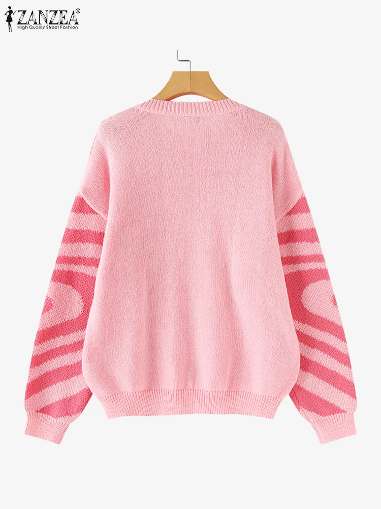 ZANZEA Stylish Women Sweaters Autumn Long Sleeve Heart Striped Sweater Winter Stylish Loose Jumper 2024 Casual Knitted Pullovers