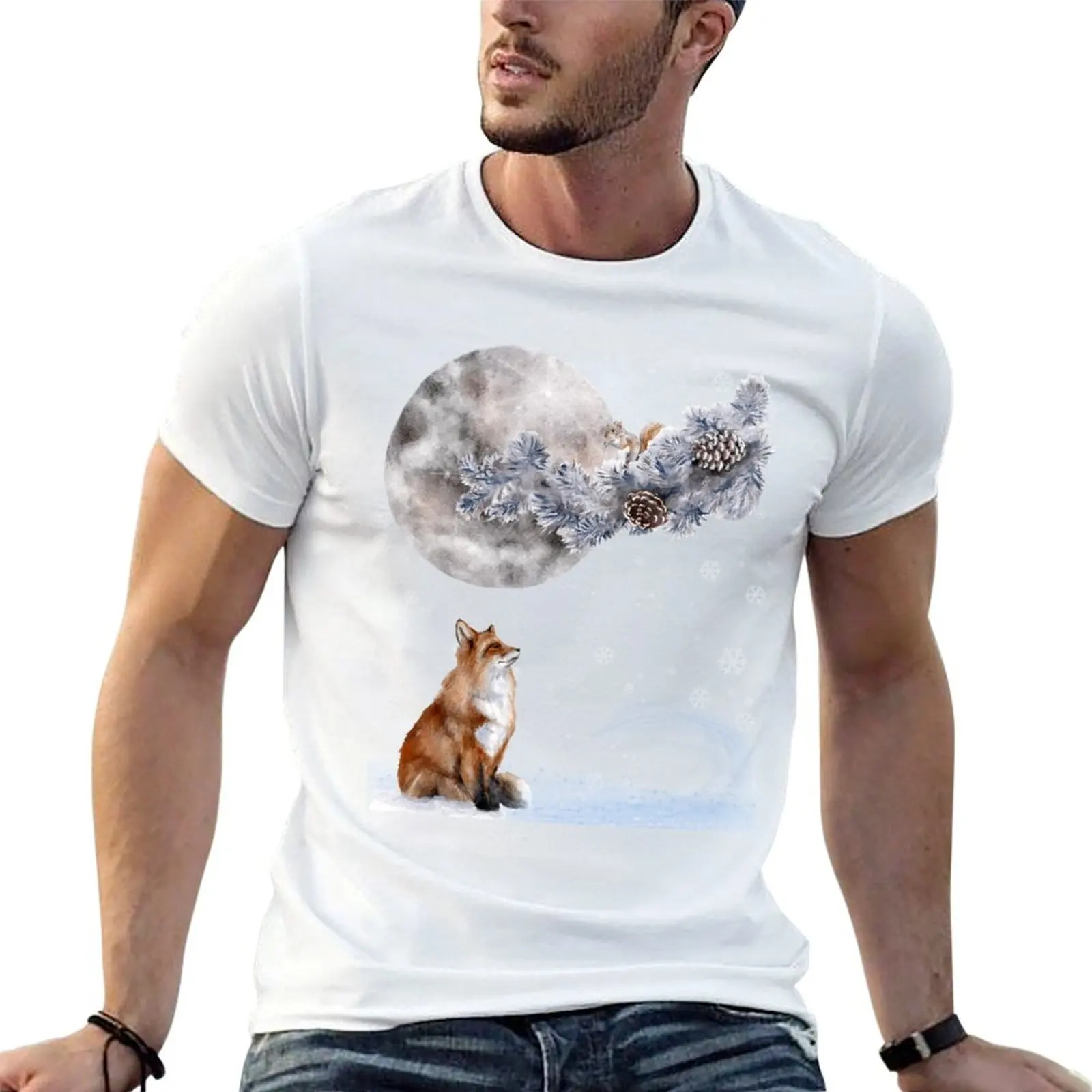 Winter Animals Fox and Squirrel Stand In the Moonlight T-Shirt Comfort Stretch Tee Shirt