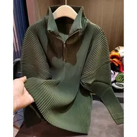 Miyake Pleated Sweatshirt Pit Stripe Zipper Standing Collar Jacket Women 2025 New Casual Pullover Hundred Pleat Skinny Tops - Image 4