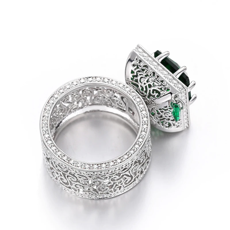 Huitan Square Green Cubic Zirconia Rings Gorgeous Hollow Pattern Women Accessories Unique Wedding Rings Gift New Trendy Jewelry