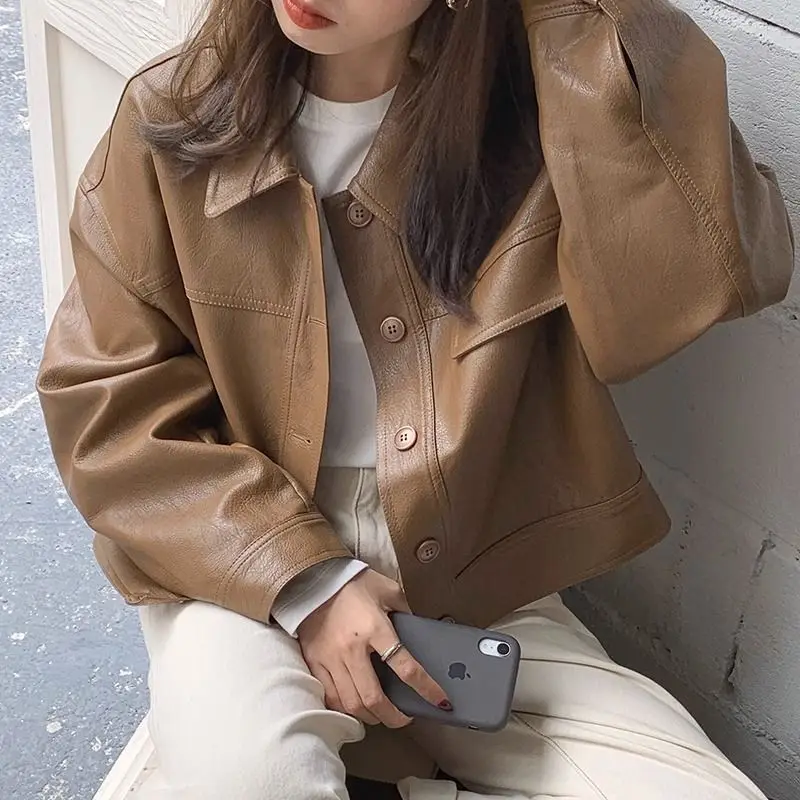 Women Faux Leather Coats Solid Short Jacket Turn Down Collar Long Sleeves Single Breasted Loose Office Lady Casual 2026 Spring