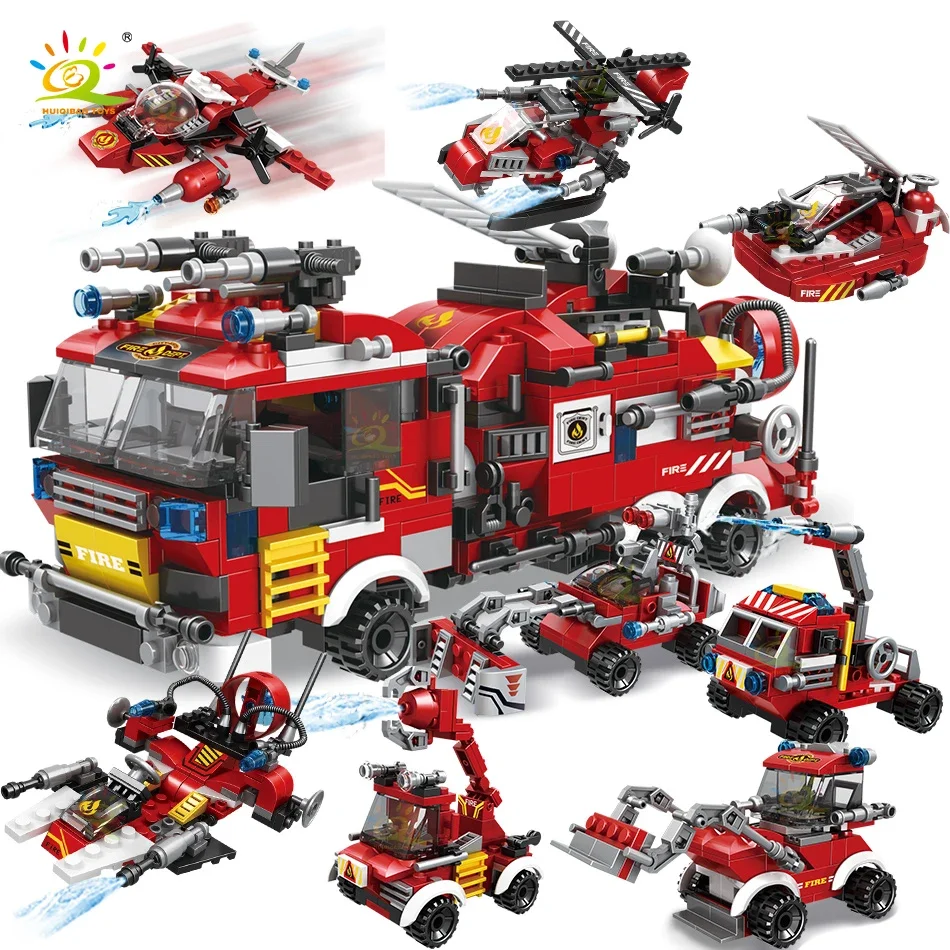 

HUIQIBAO City Fire Fighting 8in1 Trucks Car Helicopter Boat Building Blocks Firefighter Figures Man Bricks Toys For Adult Gift