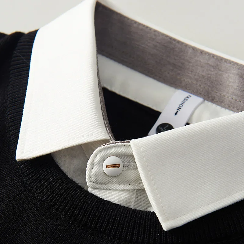 メンズフェイクセーター,2枚,トップボトム,ブラックシャツ,襟,秋冬,ニット