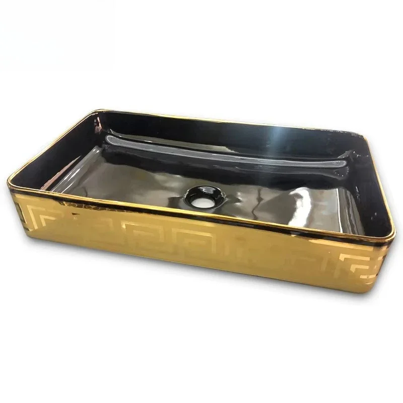 Gold pattern single sink bathroom vanity ceramic hotel wash basin
