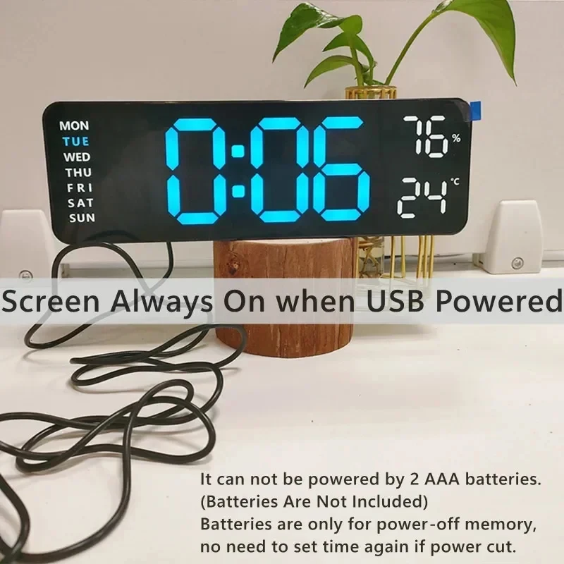 9 Inch Large Digital Wall Clock LED Display Temperature Humidity Date Week Auto Dimmer Alarm Clock