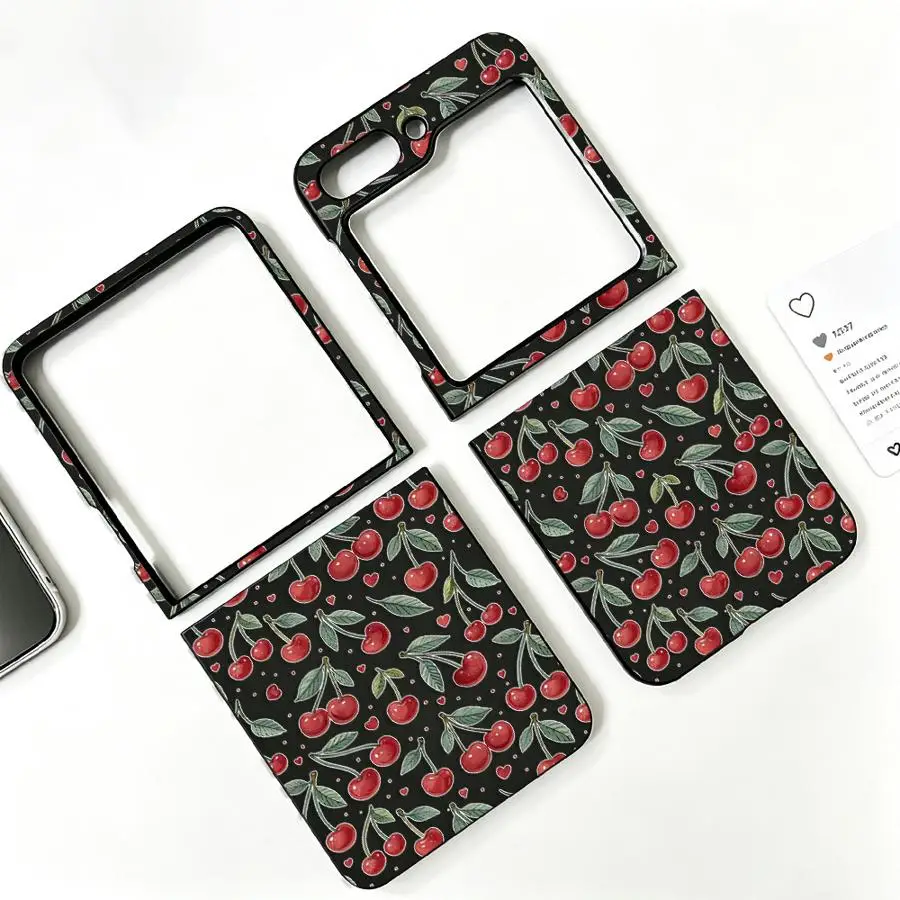 Back Phone Cover Funda Case for Samsung Galaxy Z Flip 8 Flip7 FE Flip5 Flip6 Flip3 Flip4 Z Flip 7 6 5 4 3 Leaf Cherry