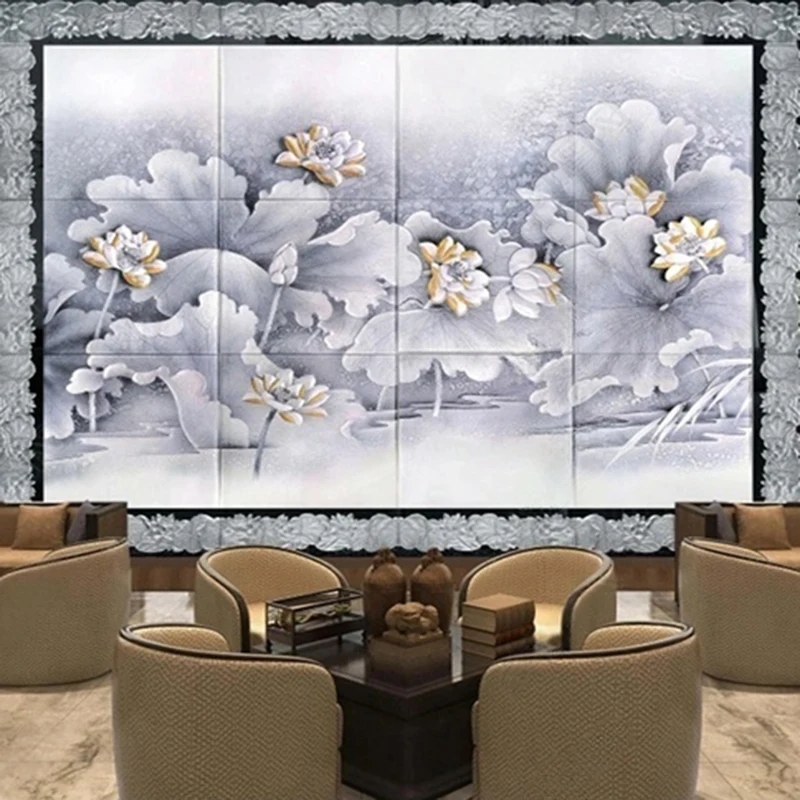 

Custom New Chinese Style Lotus Flower Mural Wallpaper for Living Room Bedroom Tea Room Wall Decor Background Building Supplies