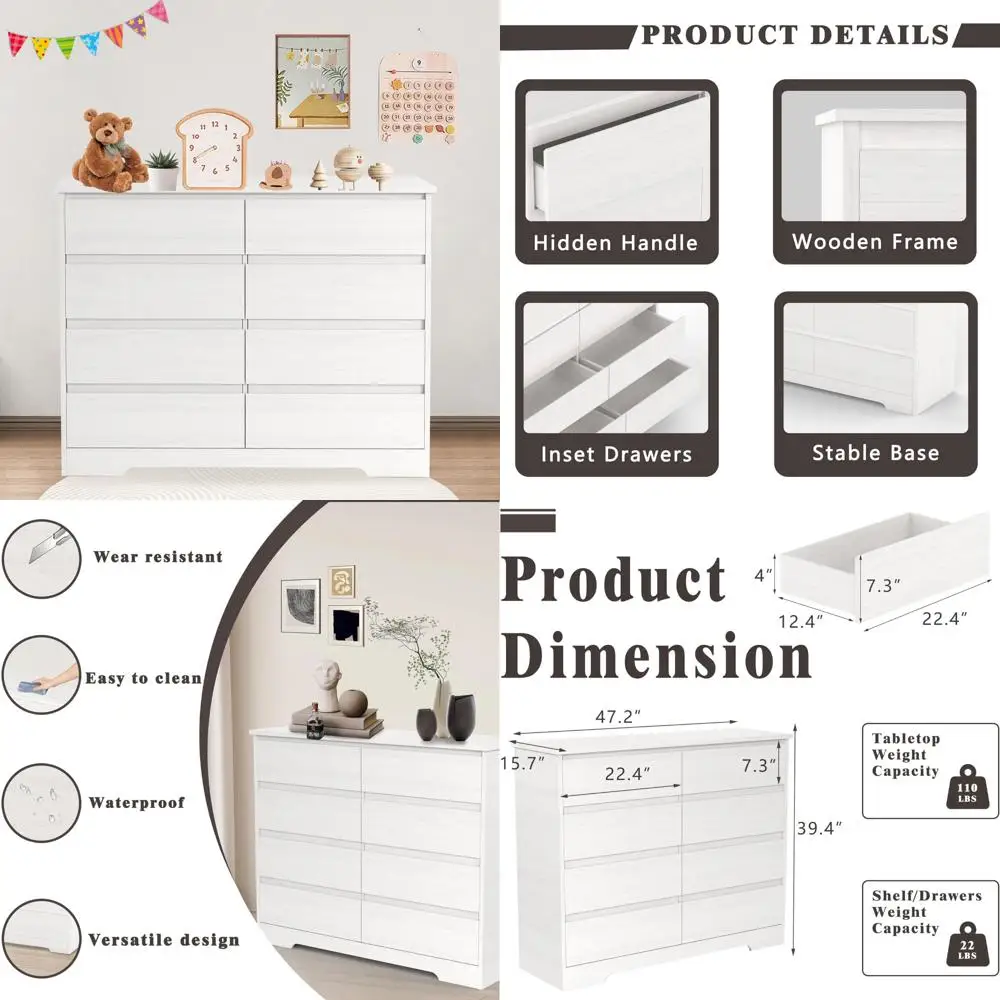 

Деревянный шкаф для хранения вещей с 8 ящиками для спальни, широкий сундук без ручек для гостиной и прихожей