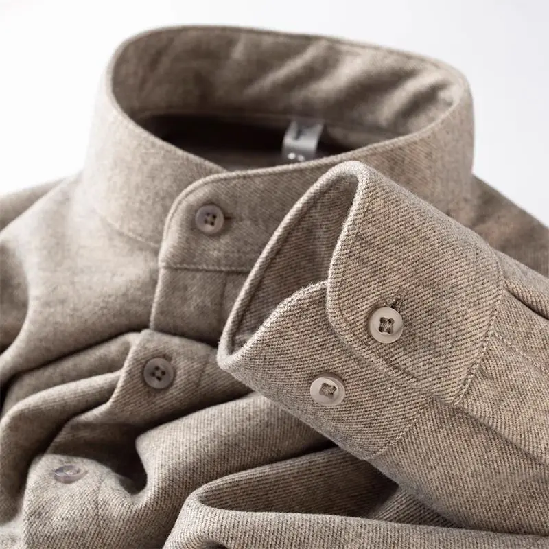 

Мужская толстая фланелевая рубашка с длинным рукавом и воротником-стойкой, коричневая осенне-зимняя одежда с воротником Чжуншань, одежда в традиционном китайском стиле