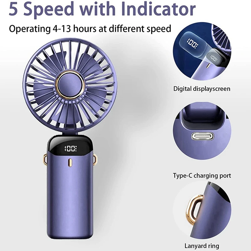 Portable Fan Personal Fan 5000Mah Rechargeable,5 Speeds With LED Display,90° Adjustable