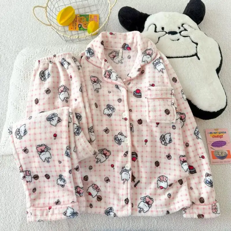 

Комплект пижамы из двух предметов с мультяшным принтом Hello Kitty, кардиган и брюки, из кораллового флиса, для женщин, осень-зима, повседневный, толстый, теплый, Sanrio Kawaii, домашняя одежда
