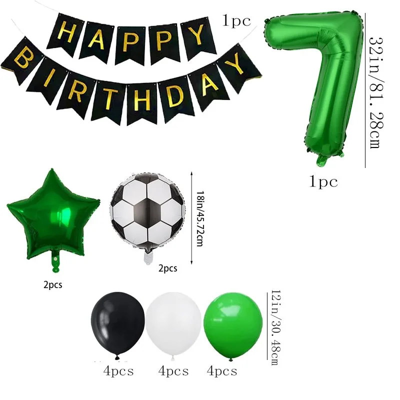 18pcs Black Golden Birthday Flag 32 Inch Green Number 1-9 Film Balloon Set Football Themed Party Decoration Festival Photo Props