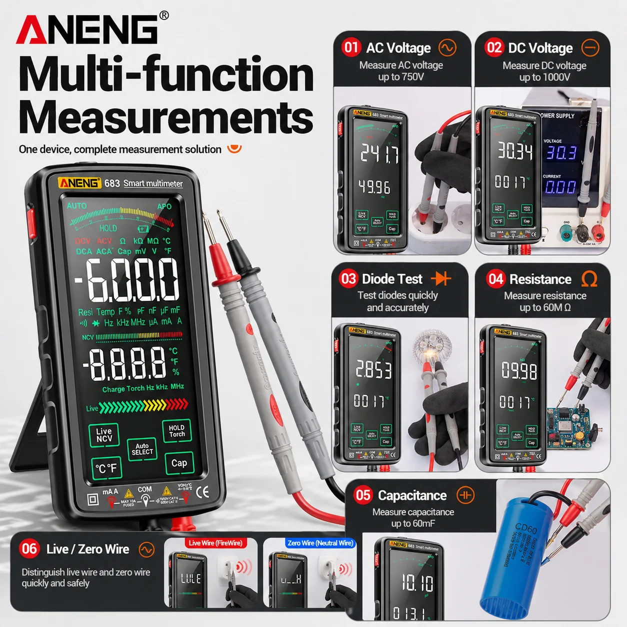 ANENG 683 Touchscreen Color Display USB Charging NCV Temperature Digital Multimeter 6000 Count VA Frequency Duty Cycle Tester