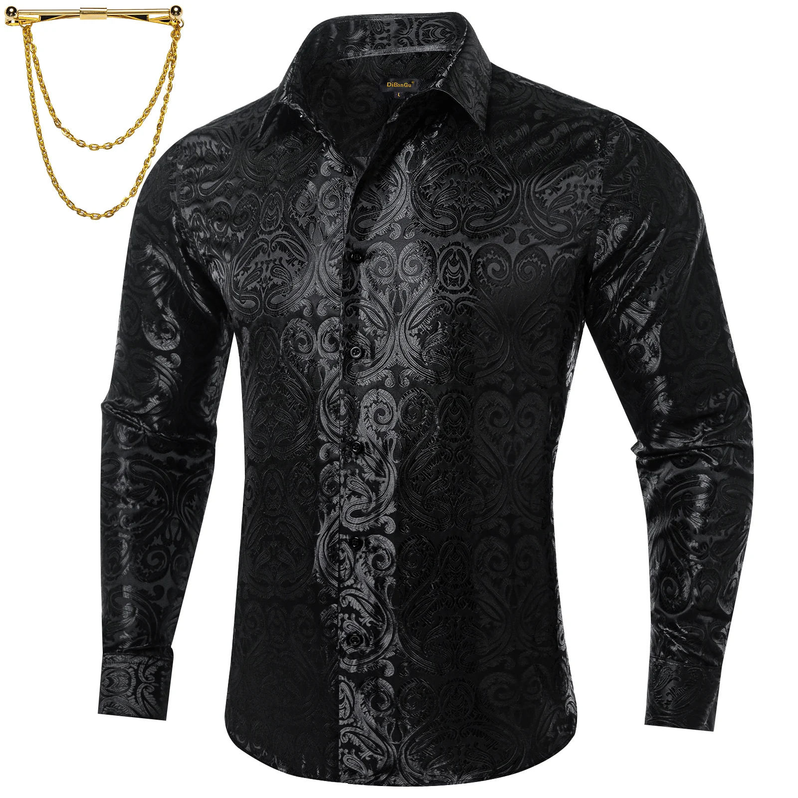 Men's Black Paisley Dress Shirt with Gold Chain Accent - A Stylish and Distinctive Choice for Fashion - Forward Gentlemen