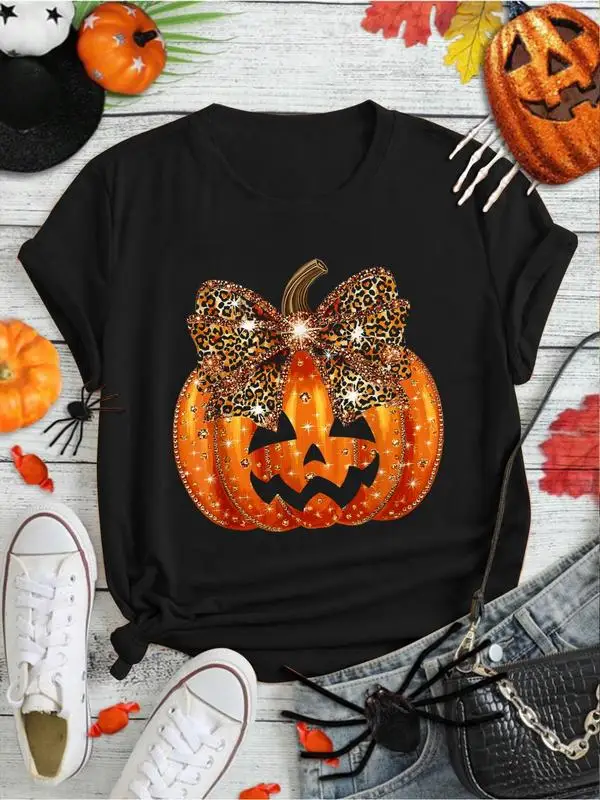 

100% Cotton Pumpkin Leopard Coquette Bow Girly Women Girls Halloween T-Shirt Print Round Neck Short Sleeve Streetwear Fashion