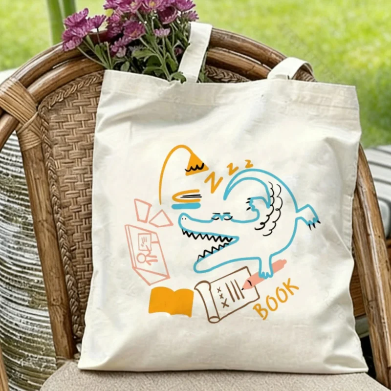 

1pc Sleepy Bookworm Crocodile Canvas Tote Eco-friendly Reusable Shoulder Bag
