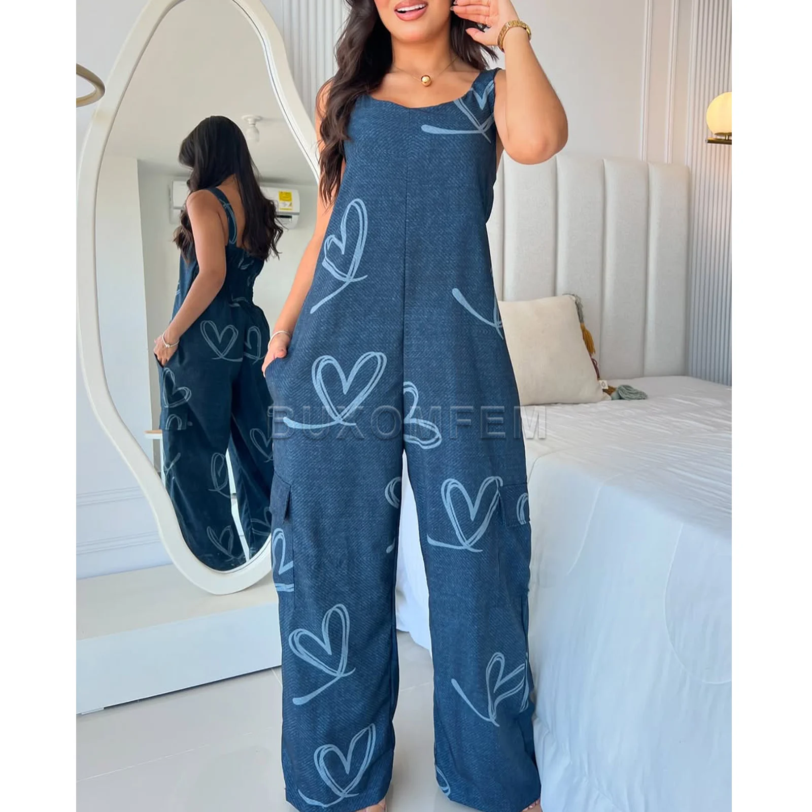 

Women's Sleeveless Wide Leg Jumpsuit Elegant Sexy Wide Leg Pants Ladies Casual Outwear One Piece Retro Cotton Workwear New