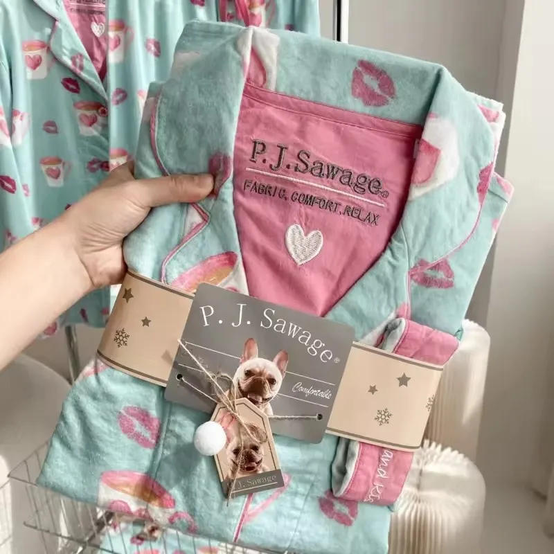 2026 Autumn New Home Clothes Lady Cotton Pajamas Suit Cute Cartoon Print Nightwear Luxury Shirt Pants Girlfriend Gift Loungewear