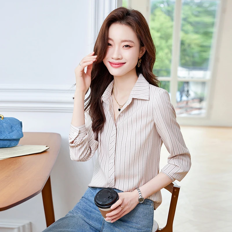 NAVIU Pink Stripes Shirt Women New 2023 Autumn Fashion Temperament Formal Long Sleeve Slim Blouses Office Ladies Work Tops White