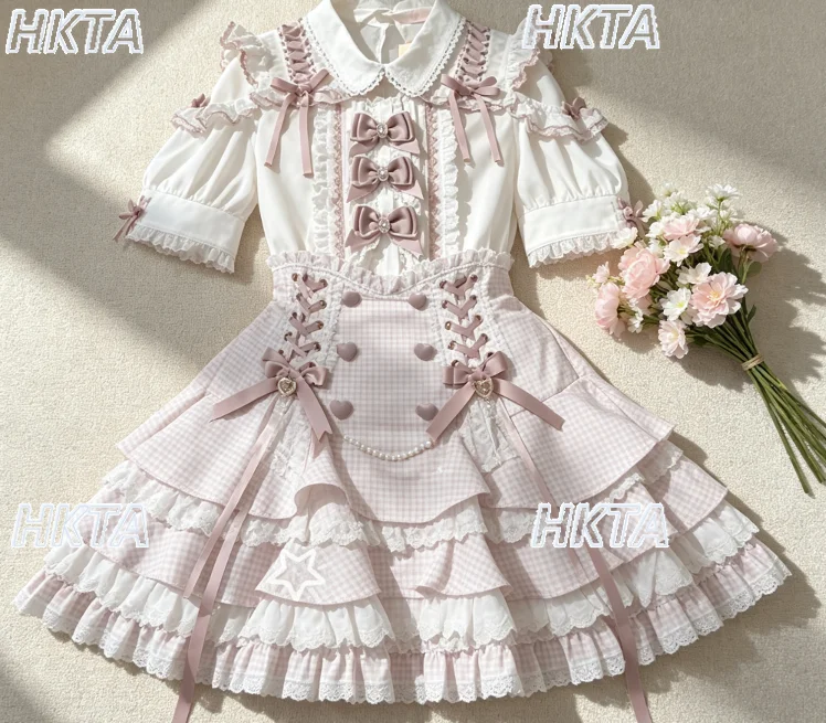 

Japanese Cute Off Shoulder Short Sleeve Shirt Women Summer Kawaii Bows Lolita Blouse Tops Liz White Pink Color Matching Skirt