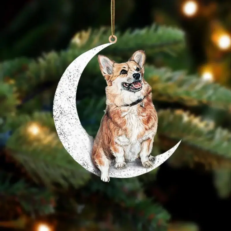 Puppy Ornaments Puppy Decoration Dog Sit On The Moon Dog Pattern Rope Design Pendant Cute And Durable Perfect For Christmas Tree