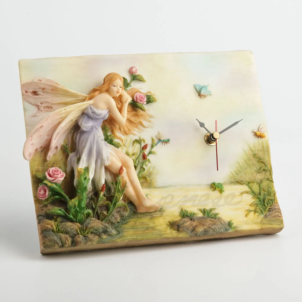 3D Relief Resin Fairy Wall Clock Sitting by Roses Stream with Butterfly Bee Frog Scenery Elf Wall Hanging Clock Home Art Decor