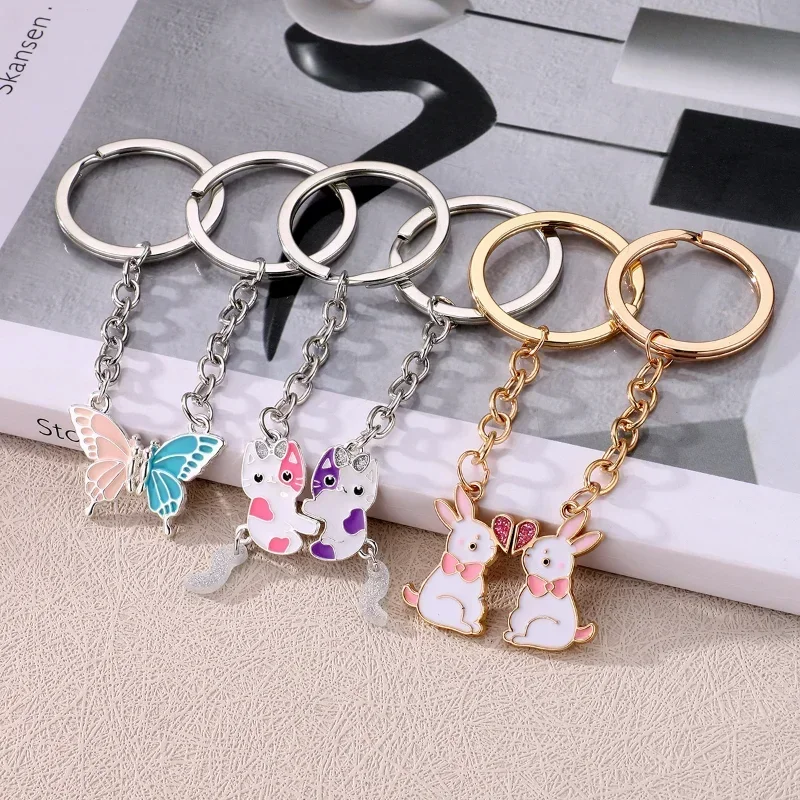 Lovecryst 2Pcs/set Cartoon Alloy Cat Rabbit Magnetic Stitching Best Friend Key Chain for Girls BFF Friendship Jewelry Gift