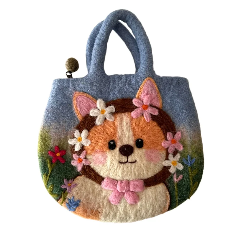 Pure hand tie-dye gradual change flower corgi wool felt handbag