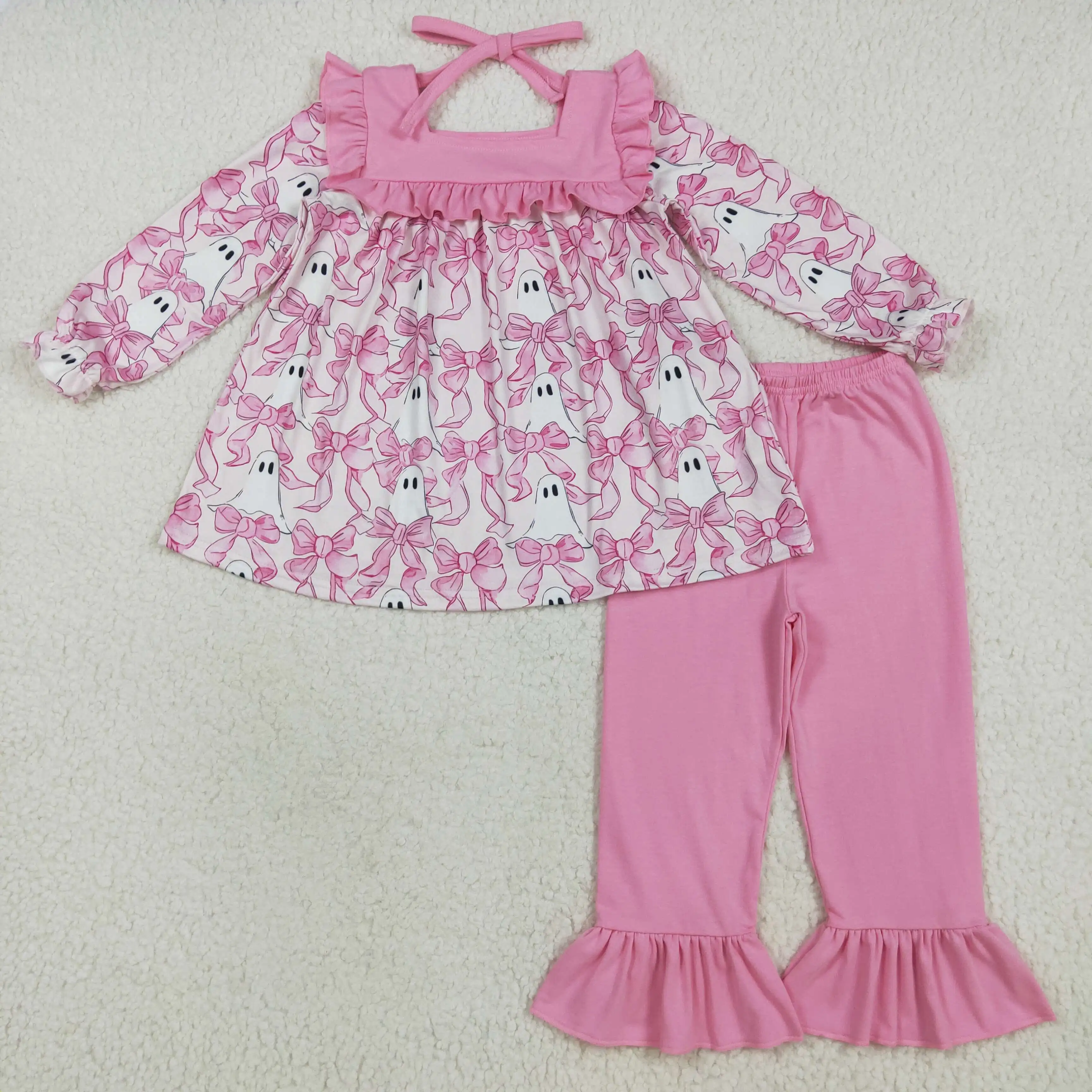 

RTS Halloween Ghost Bow Print Outfit for Girls Pink Ruffle Long Sleeve Top Pantsuit Boutique Quality Children's Clothing