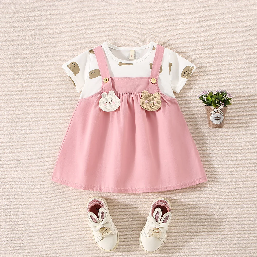 (0-3 Years Old) Summer Baby Girl Cotton Teddy Bear Printed Short Sleeved Dress For Girls Fake Two-Piece Strap Dress Cute Dress