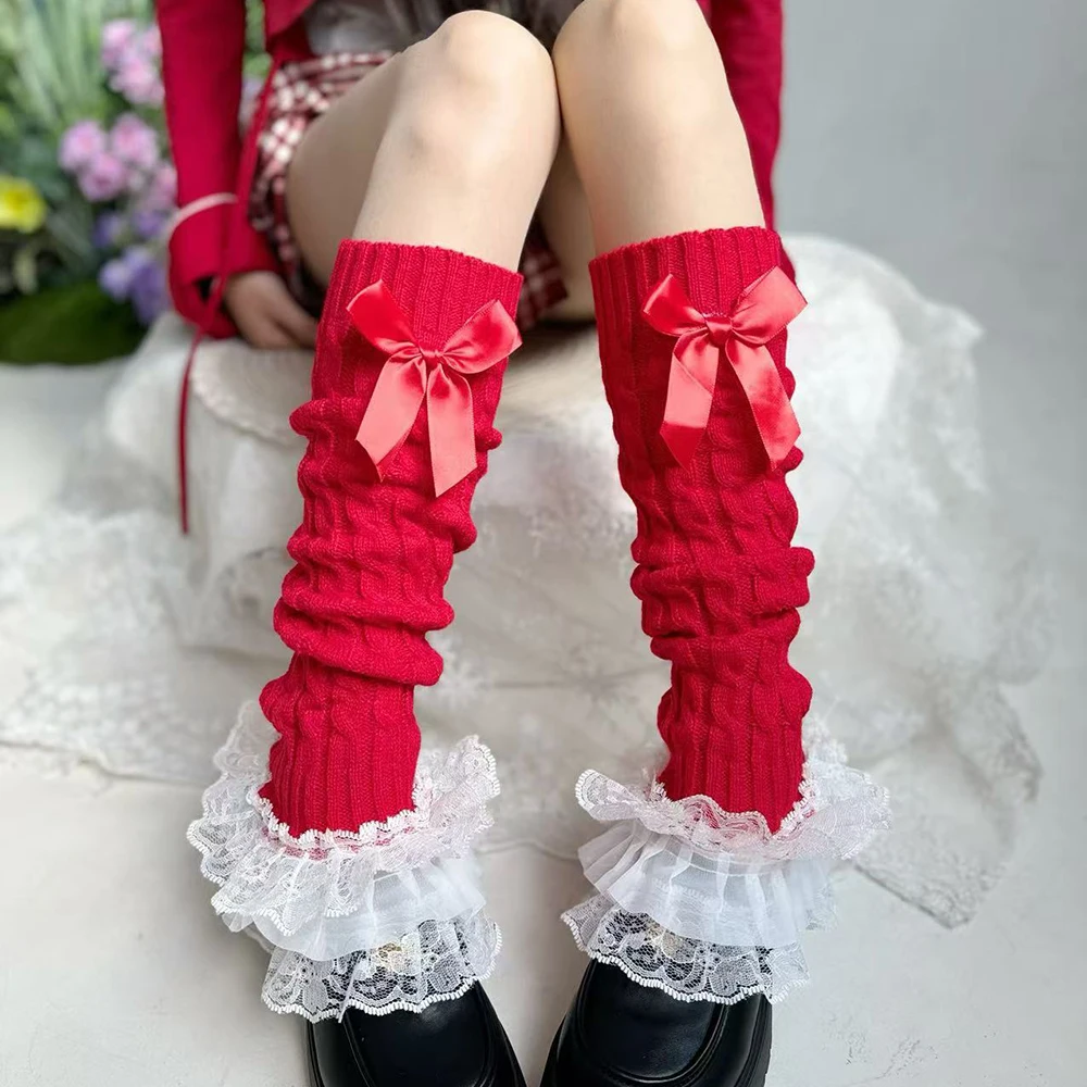 Harajuku Women Bowknot Foot Cover Fluffy Lace Ruffle Leg Warmers Knitted Warm Lolita Long Socks Autumn Winter Crochet Boot Cuffs