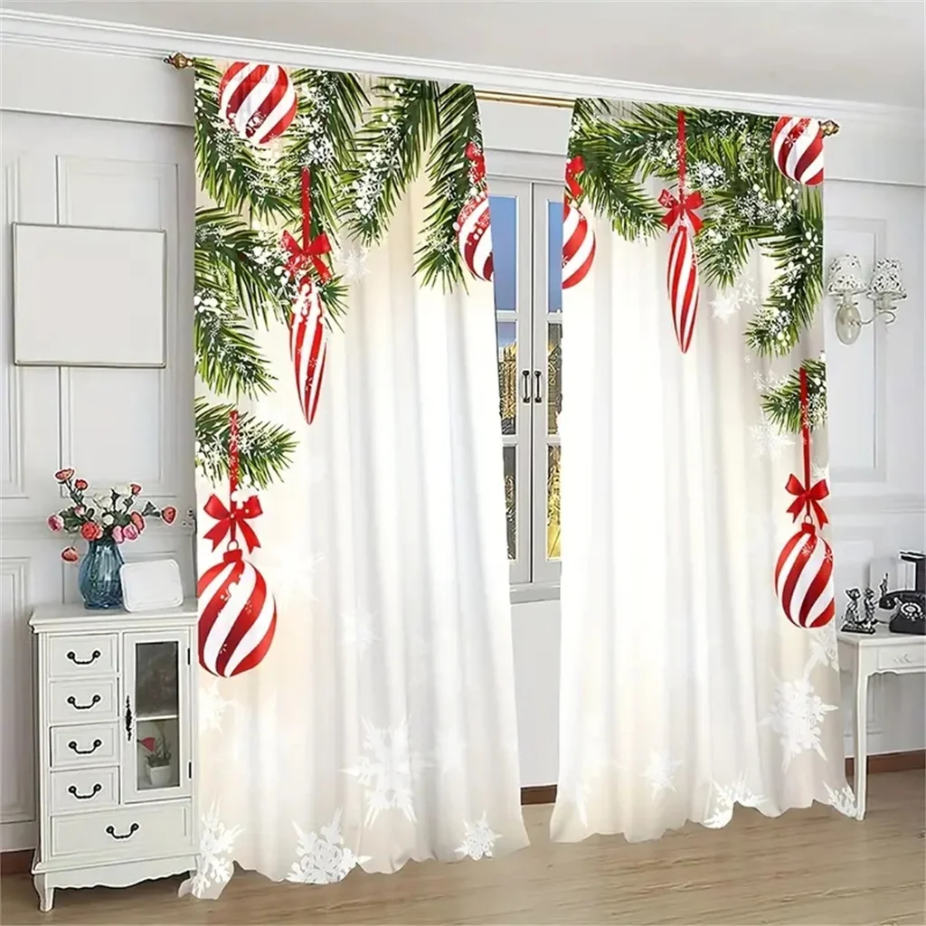 

2pc,Christmas Ball Pine Leaves Curtain,With Rod Pocket Mount,Digital Printed Curtains,Polyester Material,For Living room Bedroom